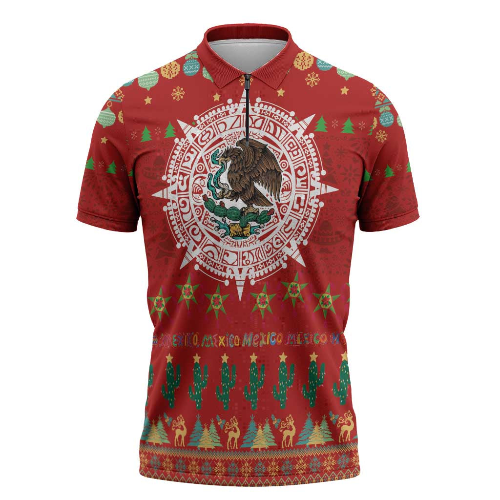 Mexico Merry Christmas Zipper Polo Shirt Mexican Cultural Emblem Xmas Style - Wonder Print Shop