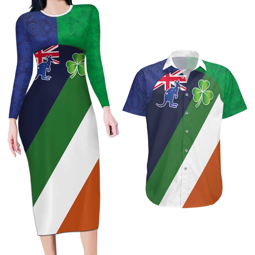 Custom Ireland and Australia Couples Matching Long Sleeve Bodycon Dress and Hawaiian Shirt Shamrocks and Aboriginal Art