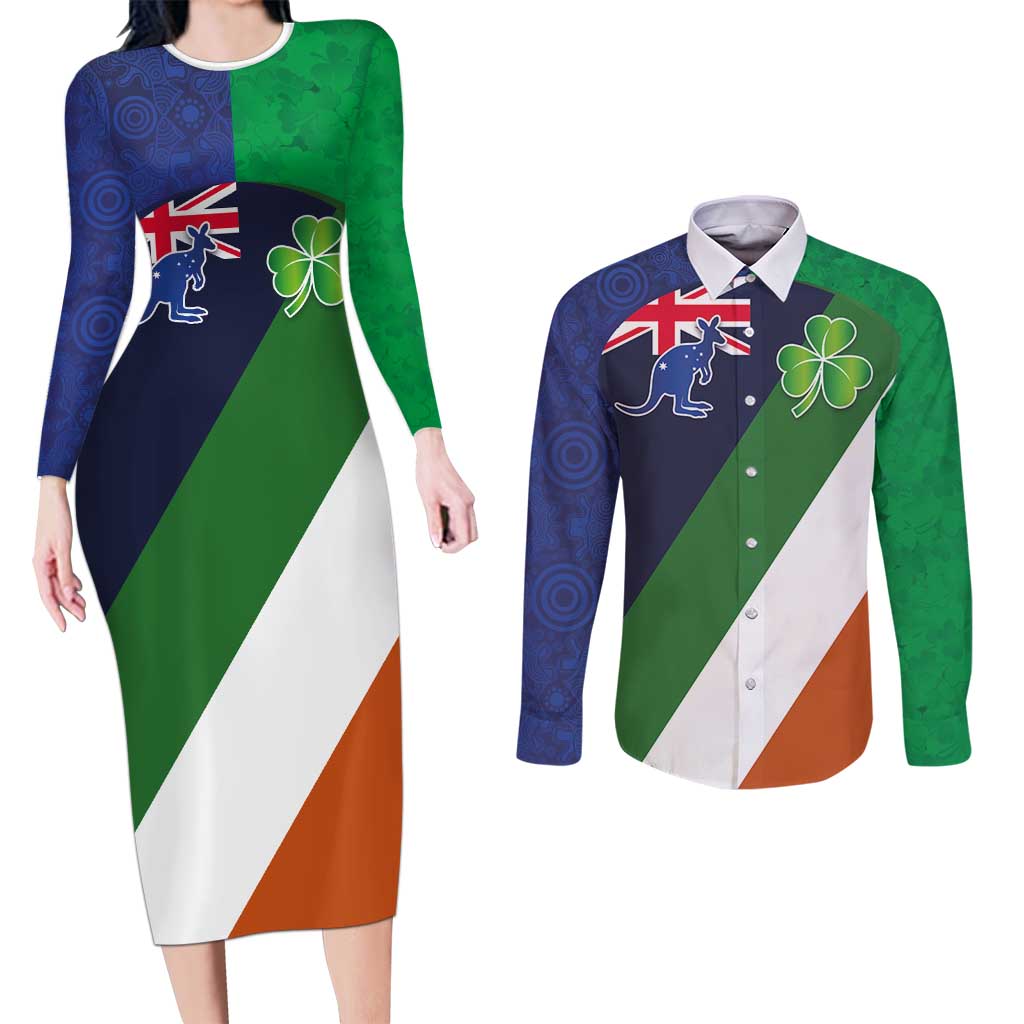 Custom Ireland and Australia Couples Matching Long Sleeve Bodycon Dress and Long Sleeve Button Shirt Shamrocks and Aboriginal Art