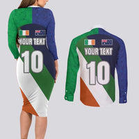 Custom Ireland and Australia Couples Matching Long Sleeve Bodycon Dress and Long Sleeve Button Shirt Shamrocks and Aboriginal Art
