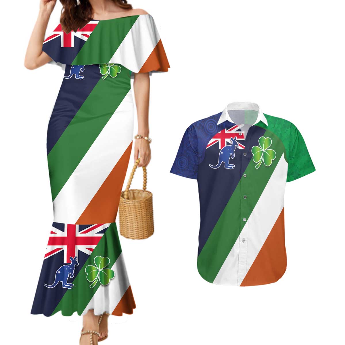 Custom Ireland and Australia Couples Matching Mermaid Dress and Hawaiian Shirt Shamrocks and Aboriginal Art