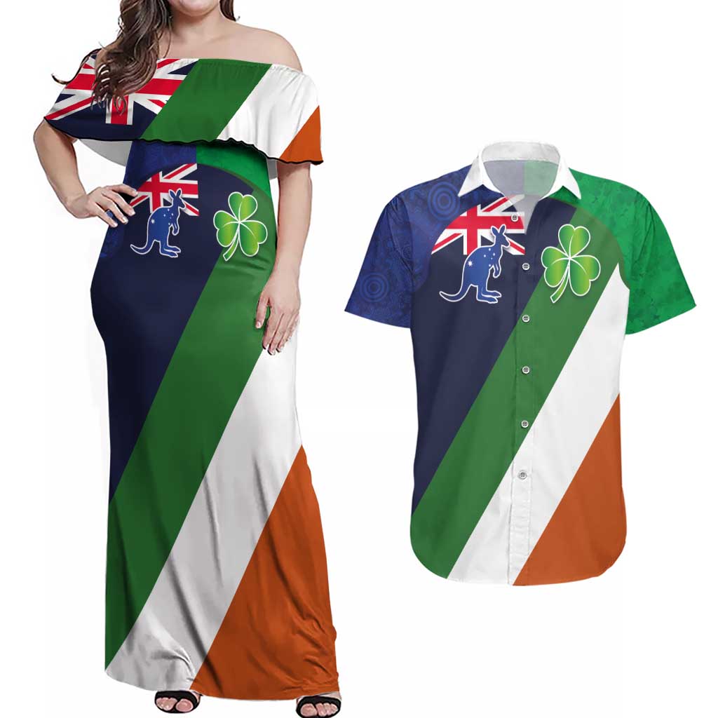 Custom Ireland and Australia Couples Matching Off Shoulder Maxi Dress and Hawaiian Shirt Shamrocks and Aboriginal Art