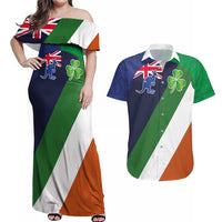 Custom Ireland and Australia Couples Matching Off Shoulder Maxi Dress and Hawaiian Shirt Shamrocks and Aboriginal Art