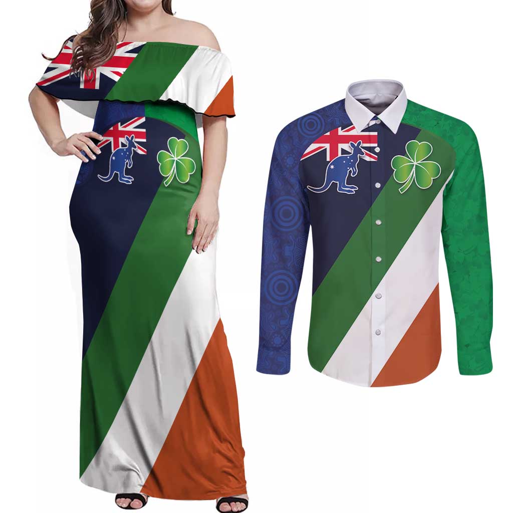 Custom Ireland and Australia Couples Matching Off Shoulder Maxi Dress and Long Sleeve Button Shirt Shamrocks and Aboriginal Art