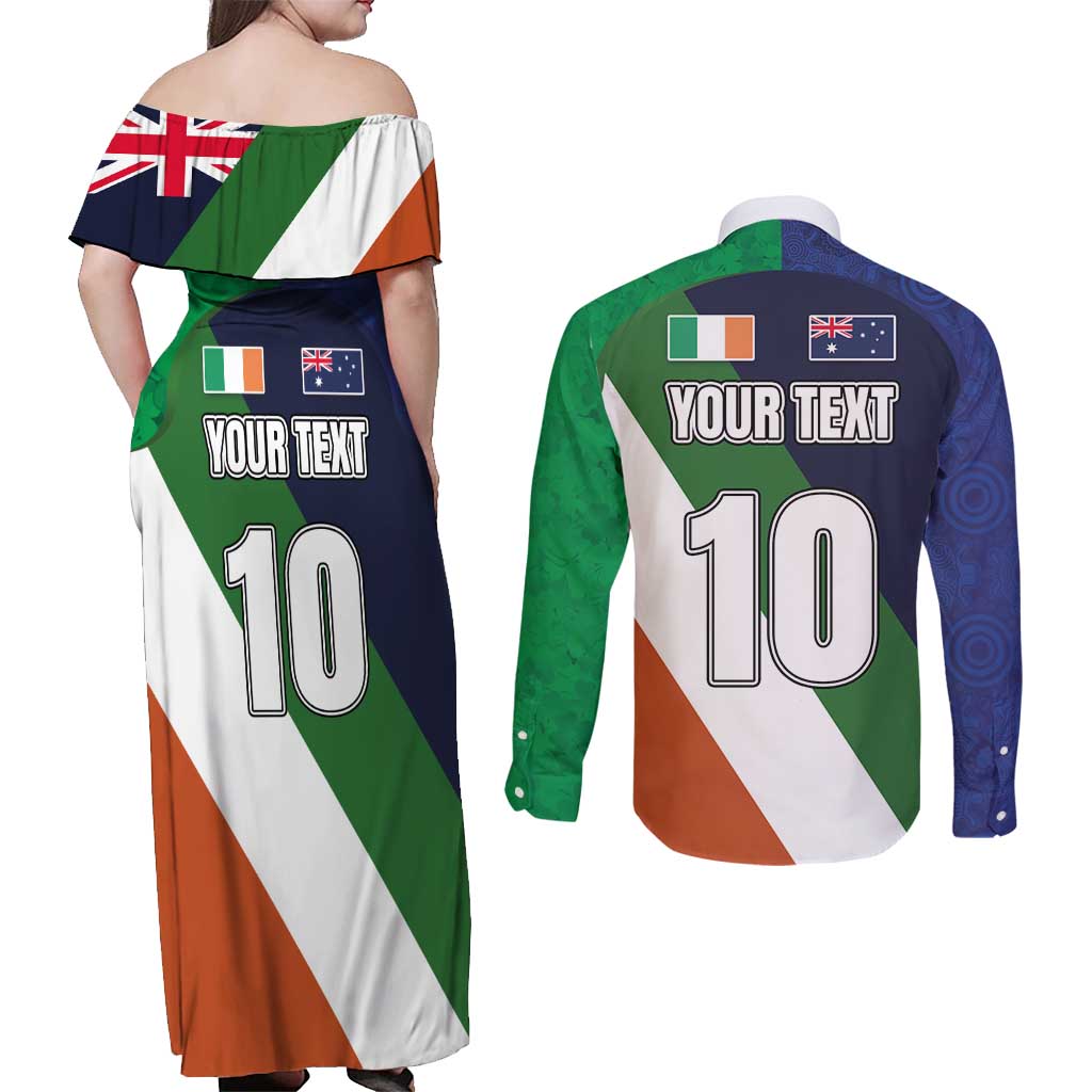 Custom Ireland and Australia Couples Matching Off Shoulder Maxi Dress and Long Sleeve Button Shirt Shamrocks and Aboriginal Art