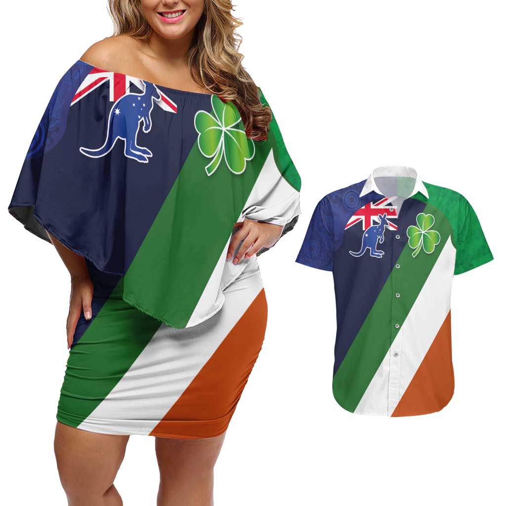 Custom Ireland and Australia Couples Matching Off Shoulder Short Dress and Hawaiian Shirt Shamrocks and Aboriginal Art