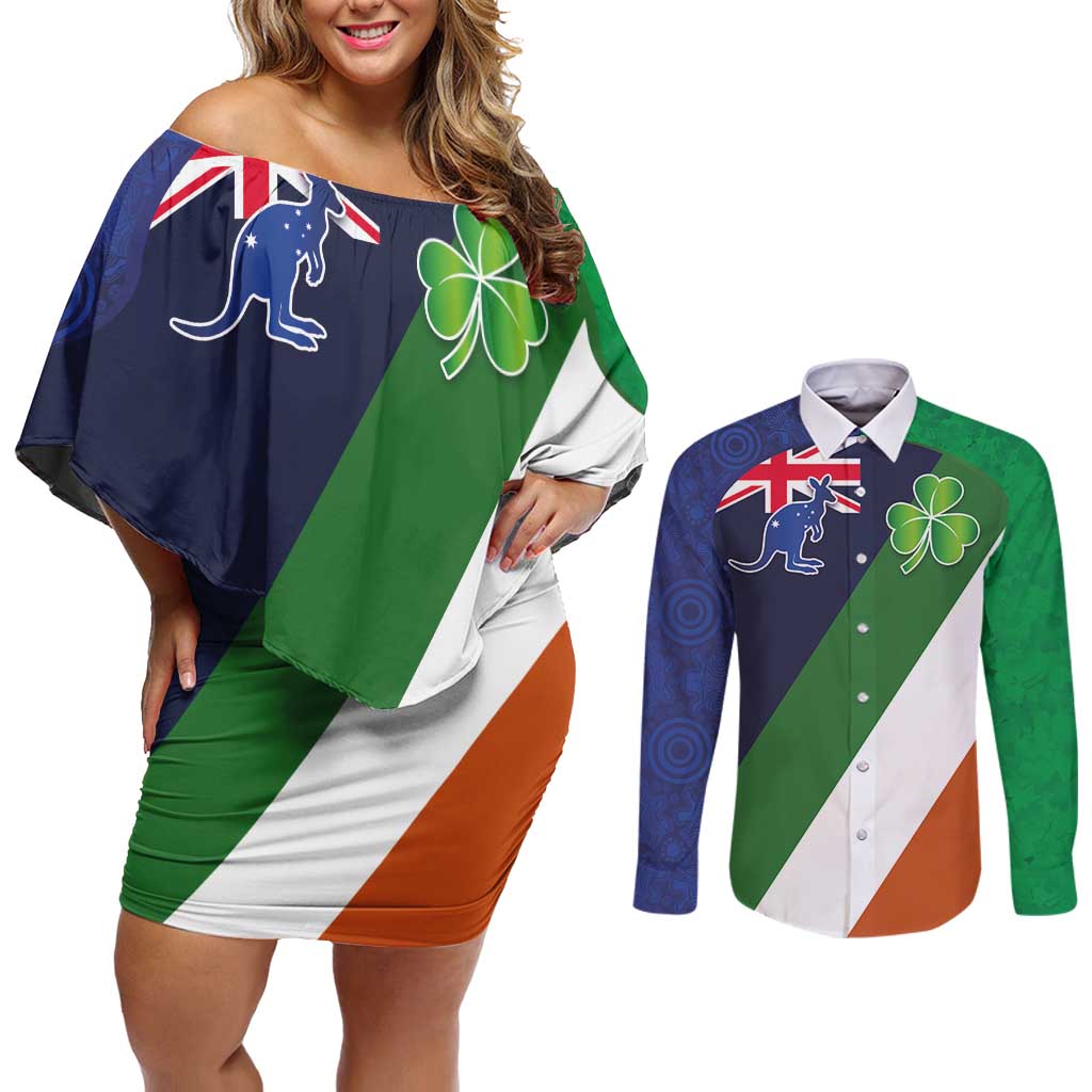 Custom Ireland and Australia Couples Matching Off Shoulder Short Dress and Long Sleeve Button Shirt Shamrocks and Aboriginal Art