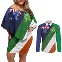 Custom Ireland and Australia Couples Matching Off Shoulder Short Dress and Long Sleeve Button Shirt Shamrocks and Aboriginal Art