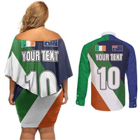 Custom Ireland and Australia Couples Matching Off Shoulder Short Dress and Long Sleeve Button Shirt Shamrocks and Aboriginal Art