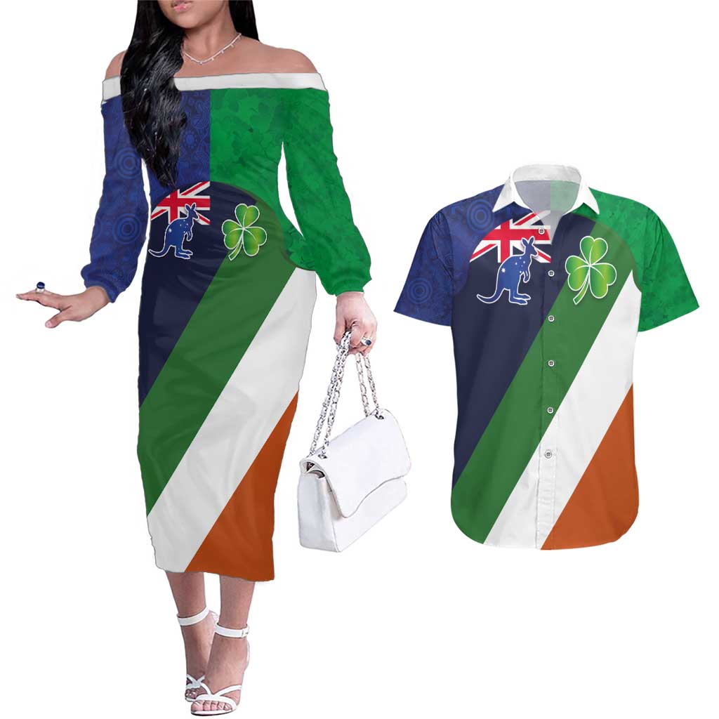 Custom Ireland and Australia Couples Matching Off The Shoulder Long Sleeve Dress and Hawaiian Shirt Shamrocks and Aboriginal Art