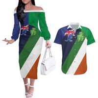 Custom Ireland and Australia Couples Matching Off The Shoulder Long Sleeve Dress and Hawaiian Shirt Shamrocks and Aboriginal Art