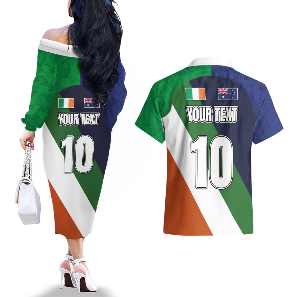 Custom Ireland and Australia Couples Matching Off The Shoulder Long Sleeve Dress and Hawaiian Shirt Shamrocks and Aboriginal Art
