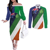 Custom Ireland and Australia Couples Matching Off The Shoulder Long Sleeve Dress and Long Sleeve Button Shirt Shamrocks and Aboriginal Art