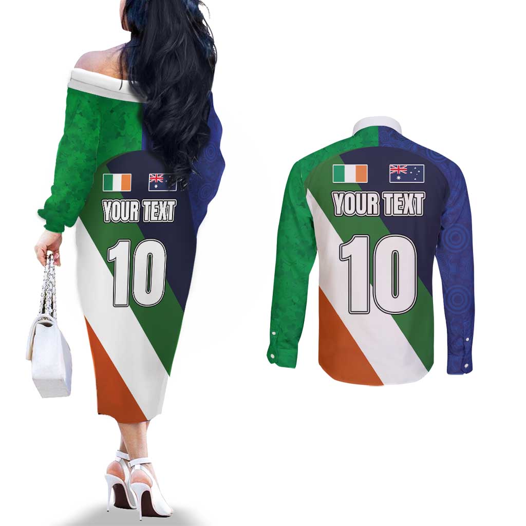 Custom Ireland and Australia Couples Matching Off The Shoulder Long Sleeve Dress and Long Sleeve Button Shirt Shamrocks and Aboriginal Art