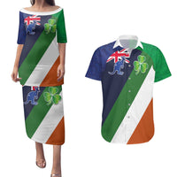 Custom Ireland and Australia Couples Matching Puletasi and Hawaiian Shirt Shamrocks and Aboriginal Art