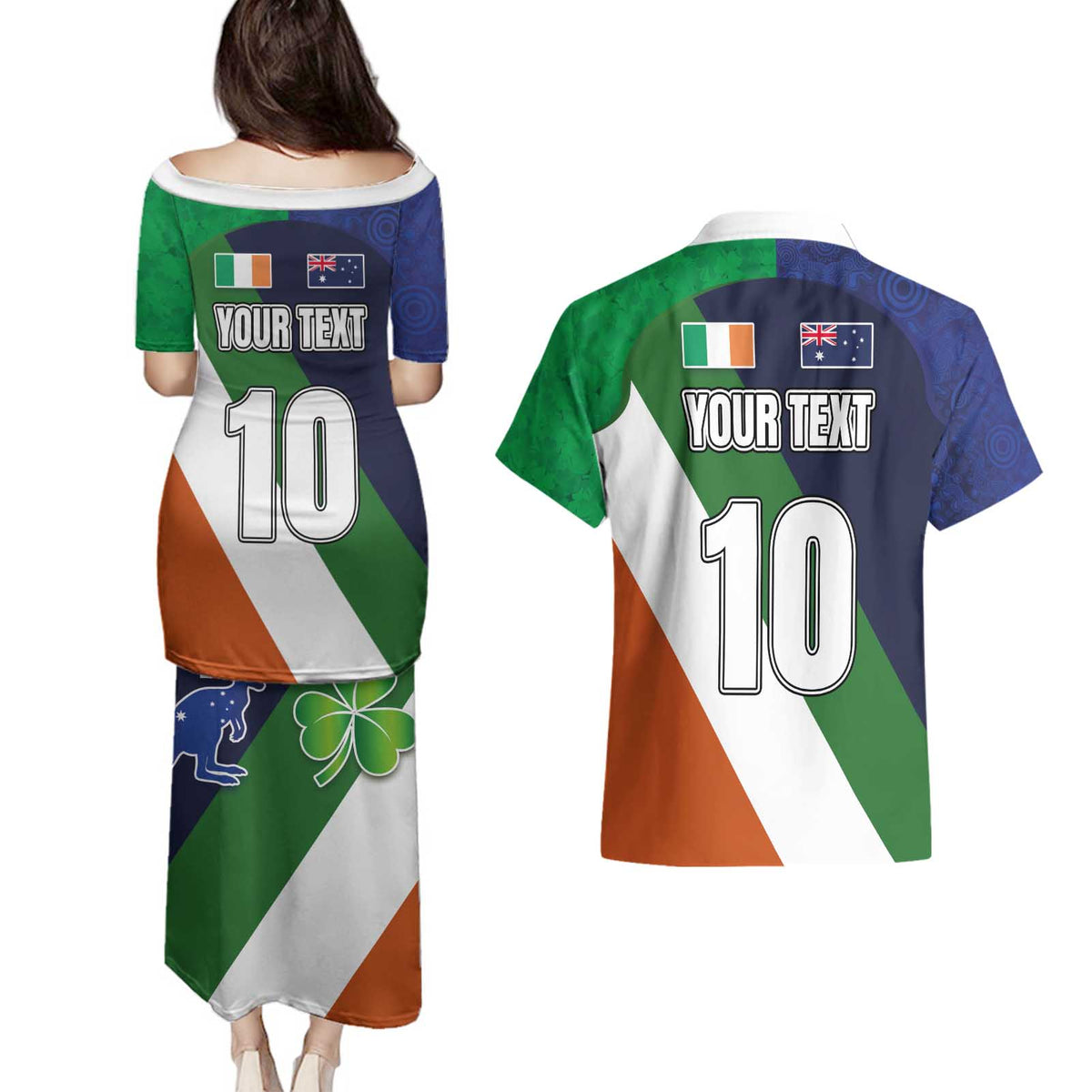 Custom Ireland and Australia Couples Matching Puletasi and Hawaiian Shirt Shamrocks and Aboriginal Art