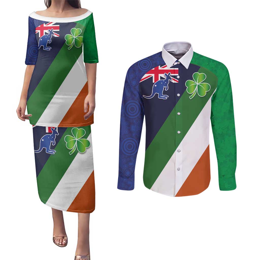 Custom Ireland and Australia Couples Matching Puletasi and Long Sleeve Button Shirt Shamrocks and Aboriginal Art