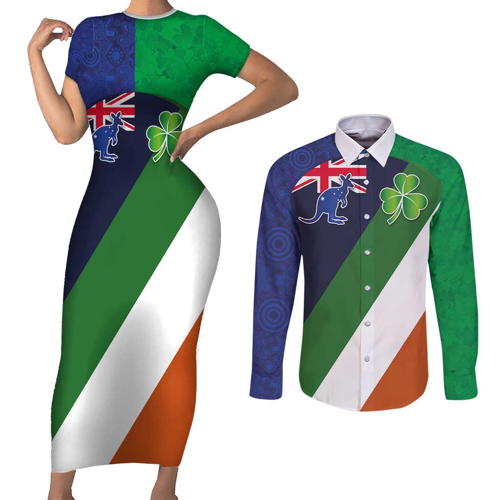 Custom Ireland and Australia Couples Matching Short Sleeve Bodycon Dress and Long Sleeve Button Shirt Shamrocks and Aboriginal Art