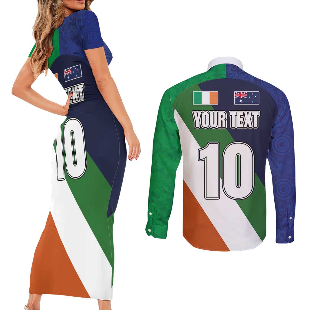 Custom Ireland and Australia Couples Matching Short Sleeve Bodycon Dress and Long Sleeve Button Shirt Shamrocks and Aboriginal Art