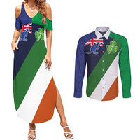 Custom Ireland and Australia Couples Matching Summer Maxi Dress and Long Sleeve Button Shirt Shamrocks and Aboriginal Art