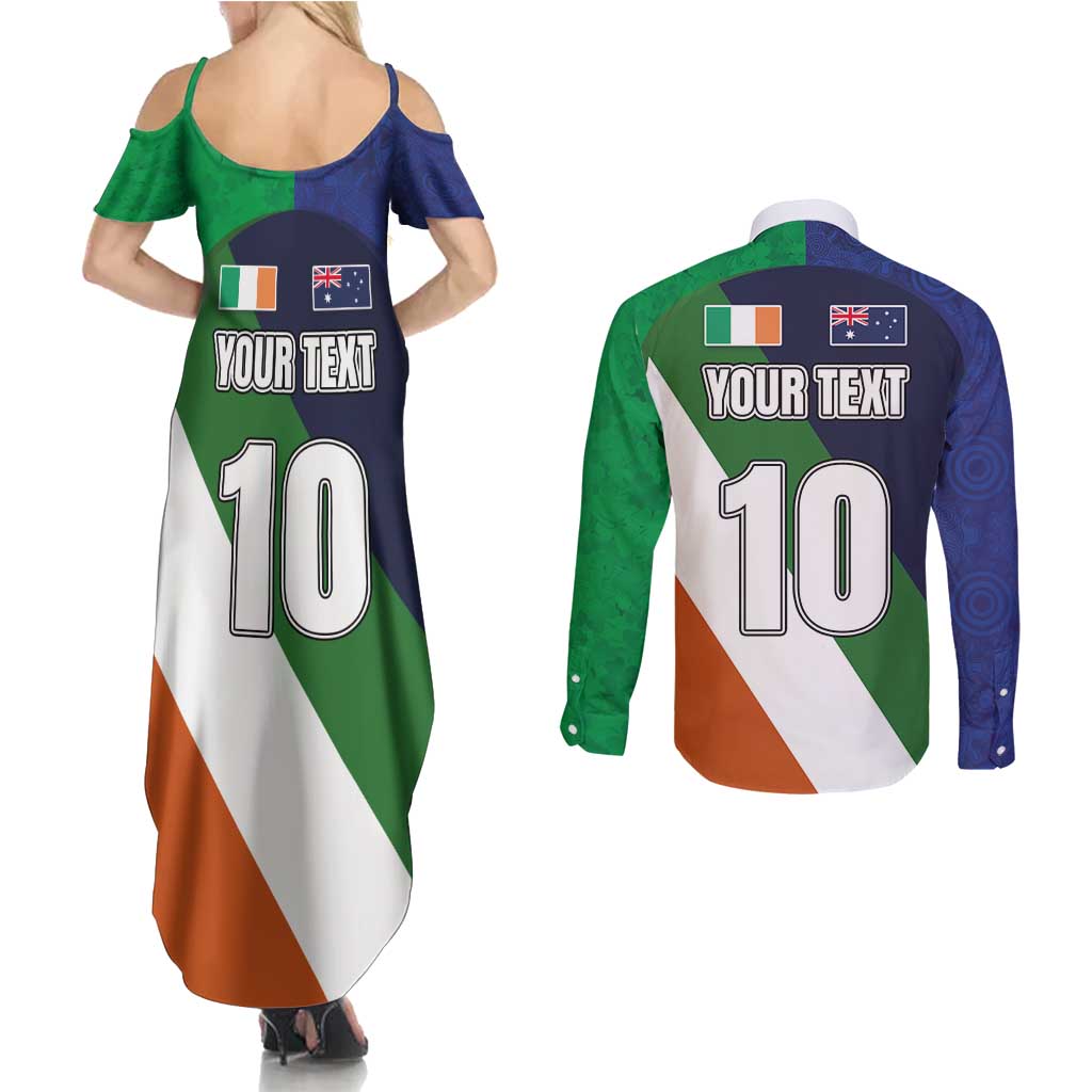Custom Ireland and Australia Couples Matching Summer Maxi Dress and Long Sleeve Button Shirt Shamrocks and Aboriginal Art
