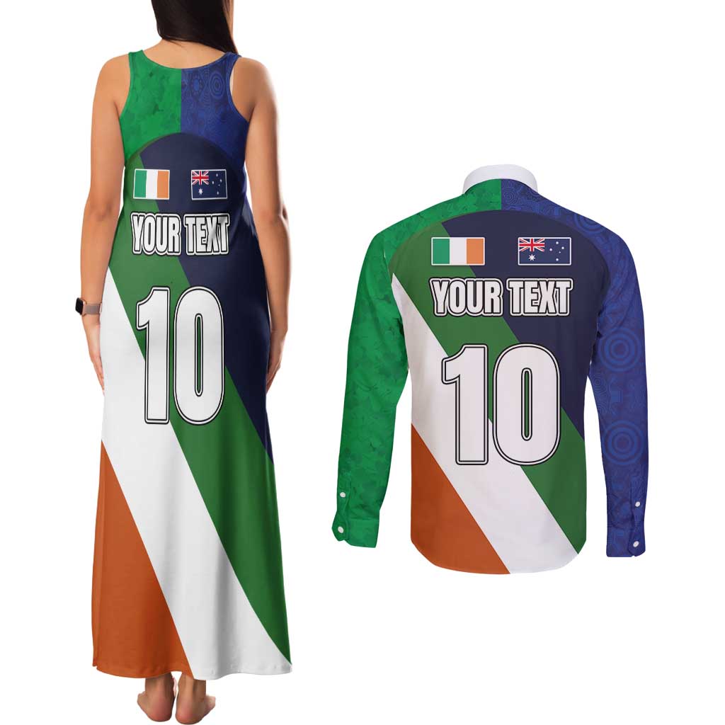 Custom Ireland and Australia Couples Matching Tank Maxi Dress and Long Sleeve Button Shirt Shamrocks and Aboriginal Art