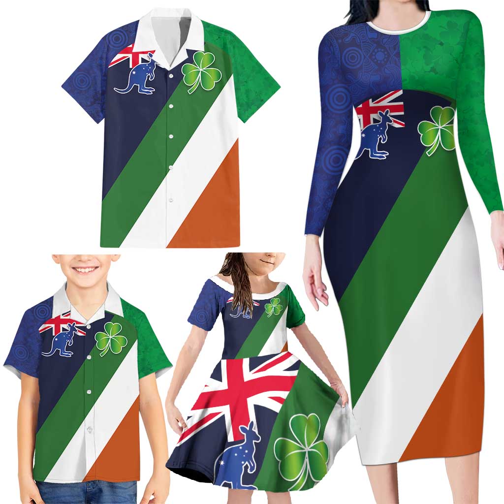 Custom Ireland and Australia Family Matching Long Sleeve Bodycon Dress and Hawaiian Shirt Shamrocks and Aboriginal Art