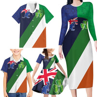 Custom Ireland and Australia Family Matching Long Sleeve Bodycon Dress and Hawaiian Shirt Shamrocks and Aboriginal Art