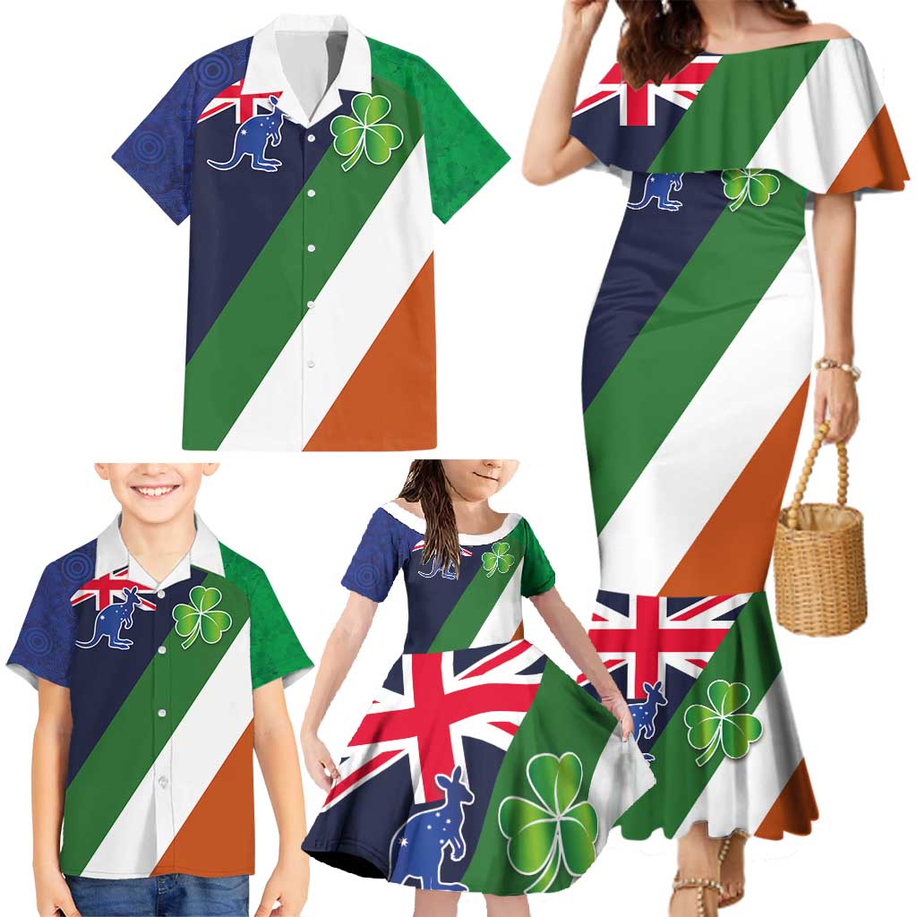 Custom Ireland and Australia Family Matching Mermaid Dress and Hawaiian Shirt Shamrocks and Aboriginal Art
