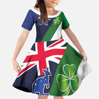 Custom Ireland and Australia Family Matching Off The Shoulder Long Sleeve Dress and Hawaiian Shirt Shamrocks and Aboriginal Art