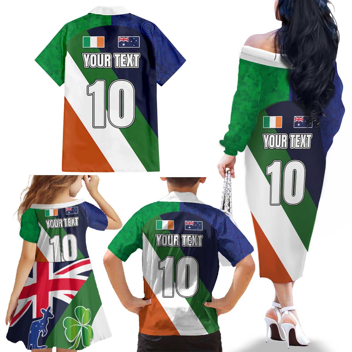 Custom Ireland and Australia Family Matching Off The Shoulder Long Sleeve Dress and Hawaiian Shirt Shamrocks and Aboriginal Art