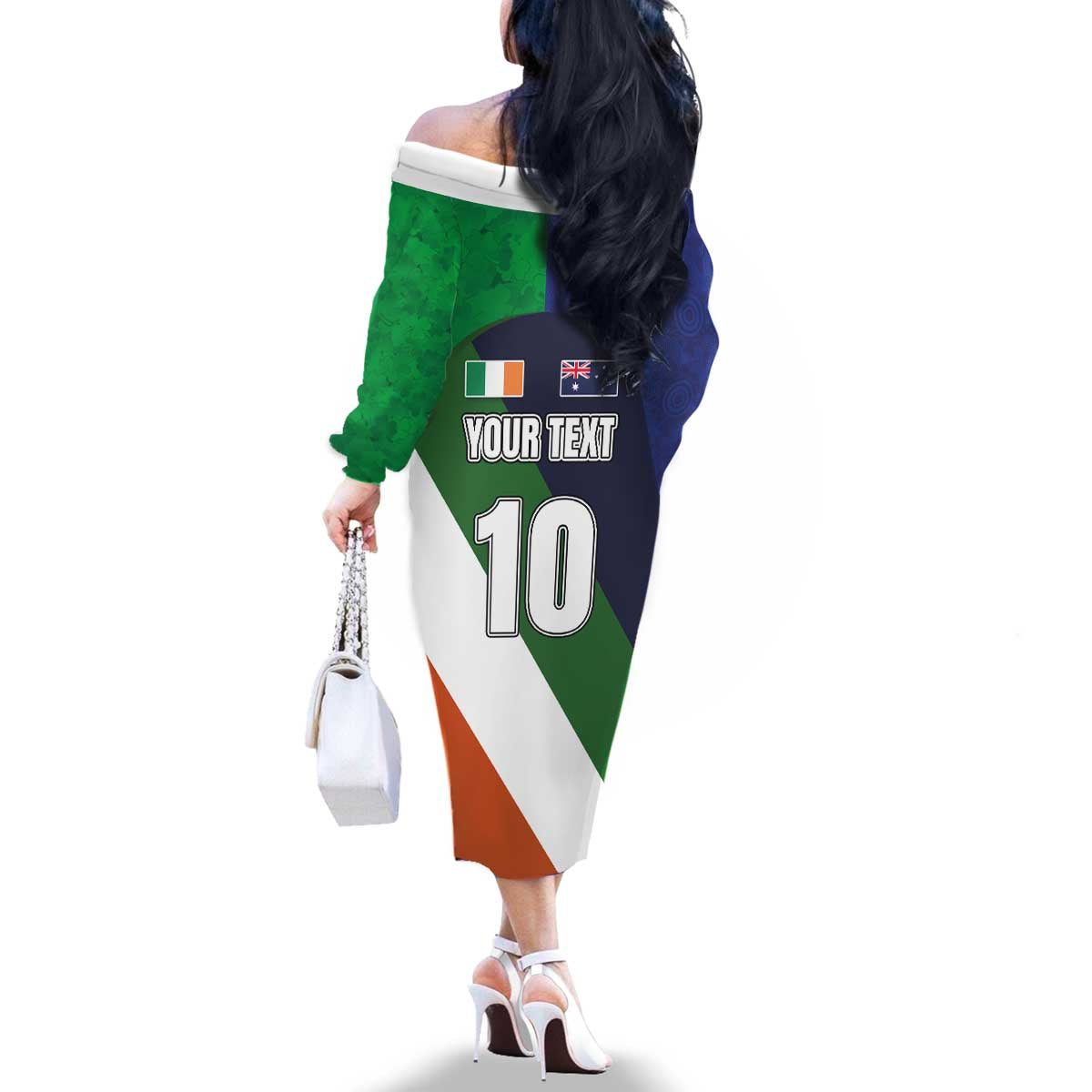 Custom Ireland and Australia Family Matching Off The Shoulder Long Sleeve Dress and Hawaiian Shirt Shamrocks and Aboriginal Art