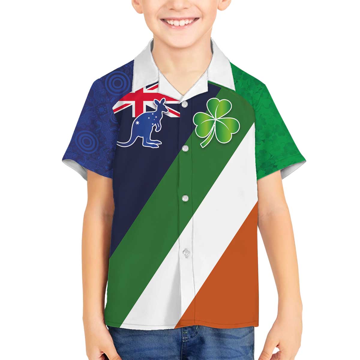 Custom Ireland and Australia Family Matching Off The Shoulder Long Sleeve Dress and Hawaiian Shirt Shamrocks and Aboriginal Art