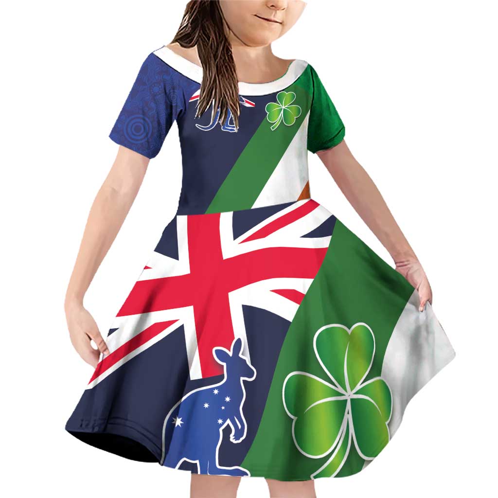 Custom Ireland and Australia Family Matching Off Shoulder Short Dress and Hawaiian Shirt Shamrocks and Aboriginal Art