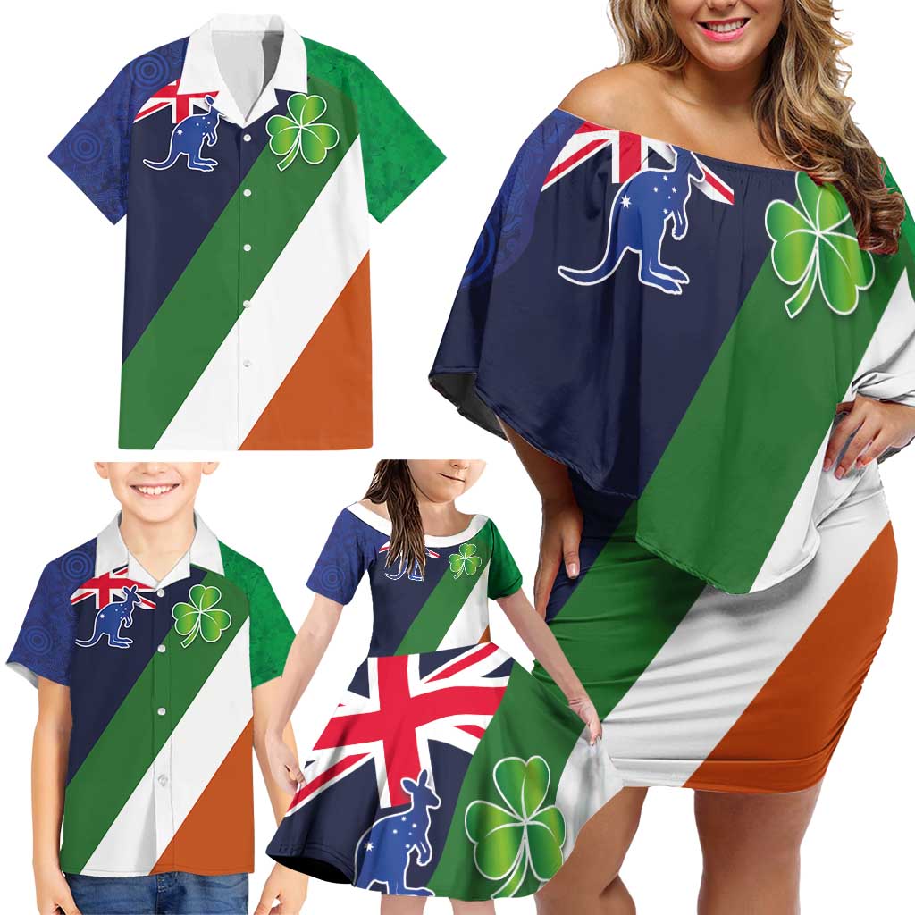 Custom Ireland and Australia Family Matching Off Shoulder Short Dress and Hawaiian Shirt Shamrocks and Aboriginal Art