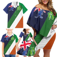 Custom Ireland and Australia Family Matching Off Shoulder Short Dress and Hawaiian Shirt Shamrocks and Aboriginal Art