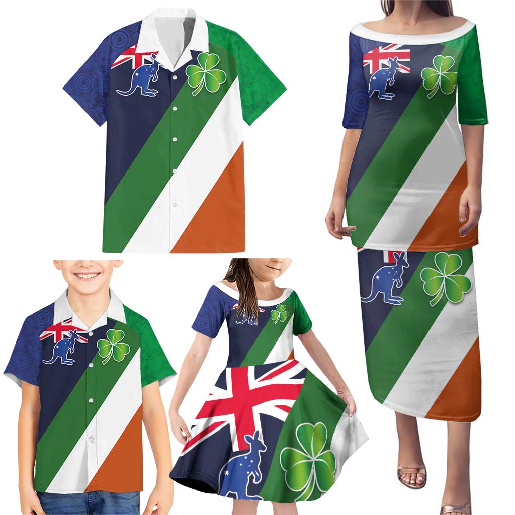 Custom Ireland and Australia Family Matching Puletasi and Hawaiian Shirt Shamrocks and Aboriginal Art