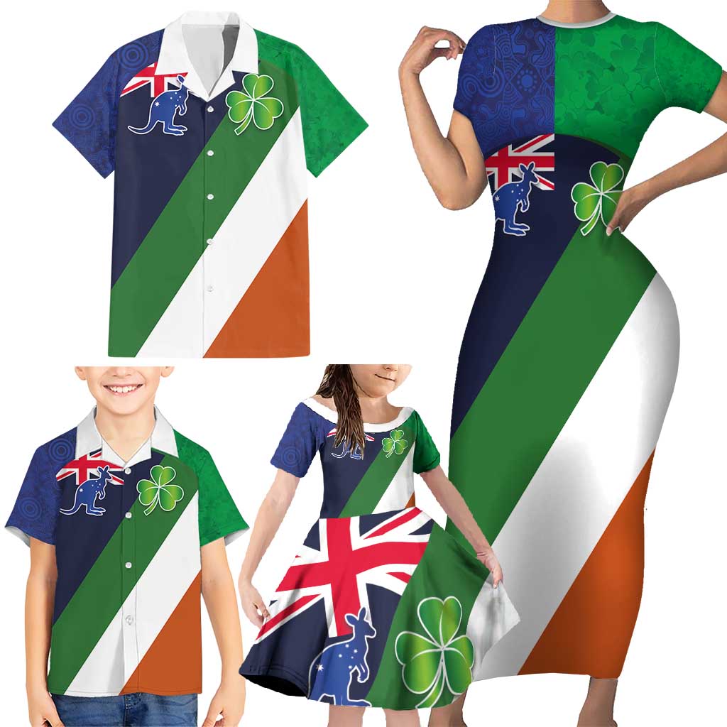 Custom Ireland and Australia Family Matching Short Sleeve Bodycon Dress and Hawaiian Shirt Shamrocks and Aboriginal Art