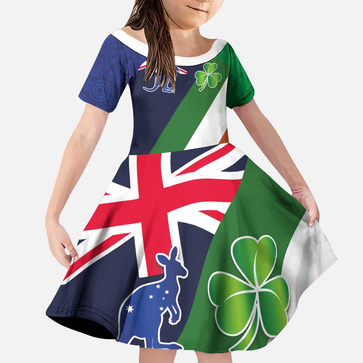 Custom Ireland and Australia Kid Short Sleeve Dress Shamrocks and Aboriginal Art