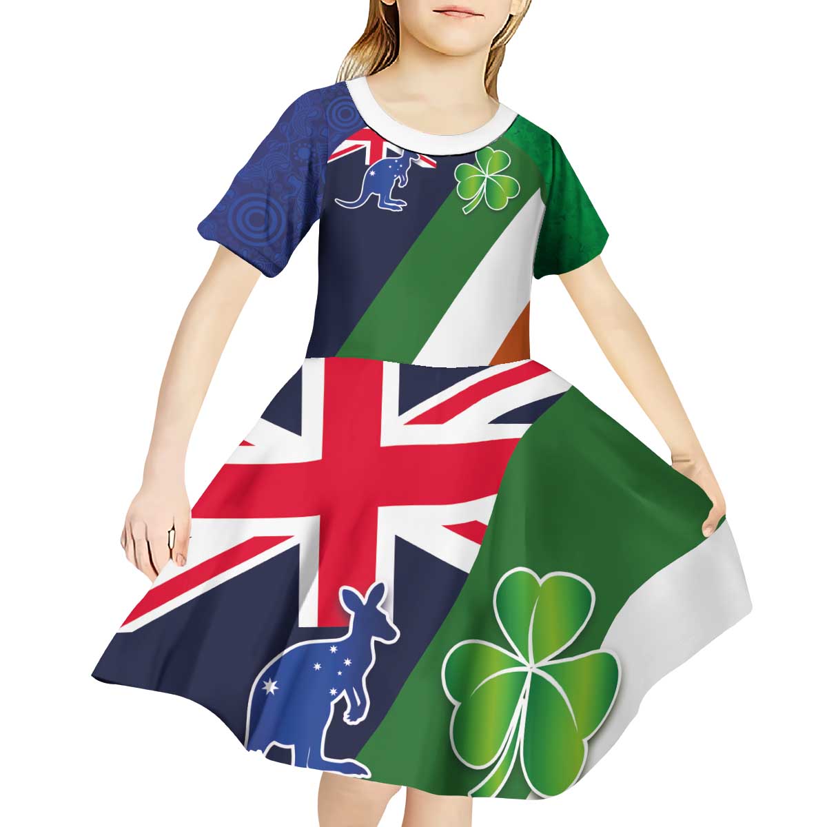 Custom Ireland and Australia Kid Short Sleeve Dress Shamrocks and Aboriginal Art