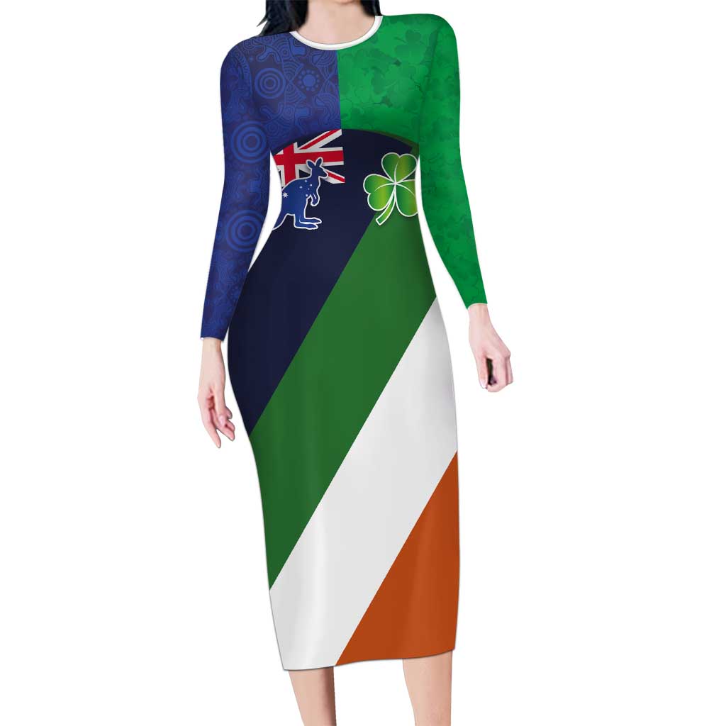 Custom Ireland and Australia Long Sleeve Bodycon Dress Shamrocks and Aboriginal Art
