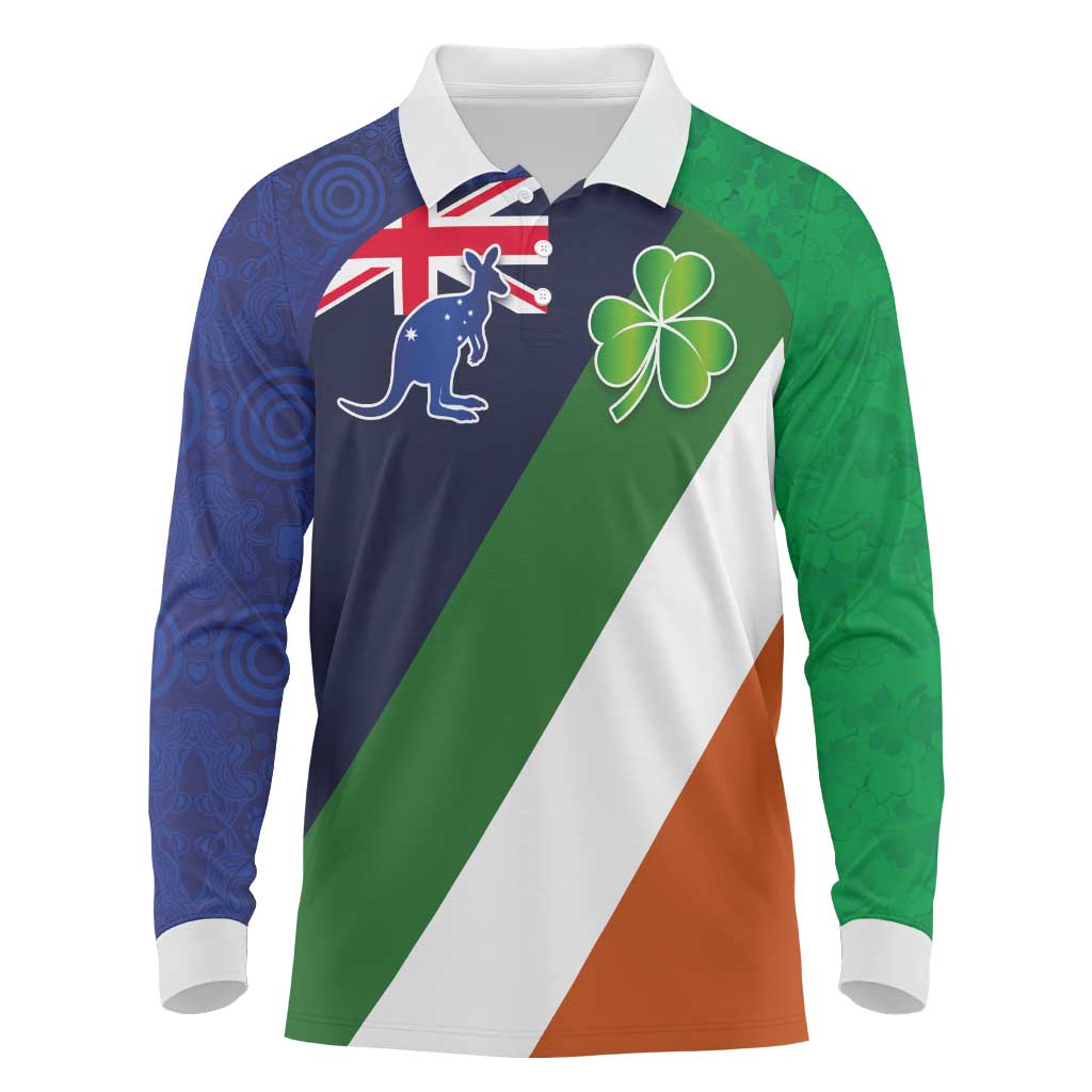 Custom Ireland and Australia Long Sleeve Polo Shirt Shamrocks and Aboriginal Art