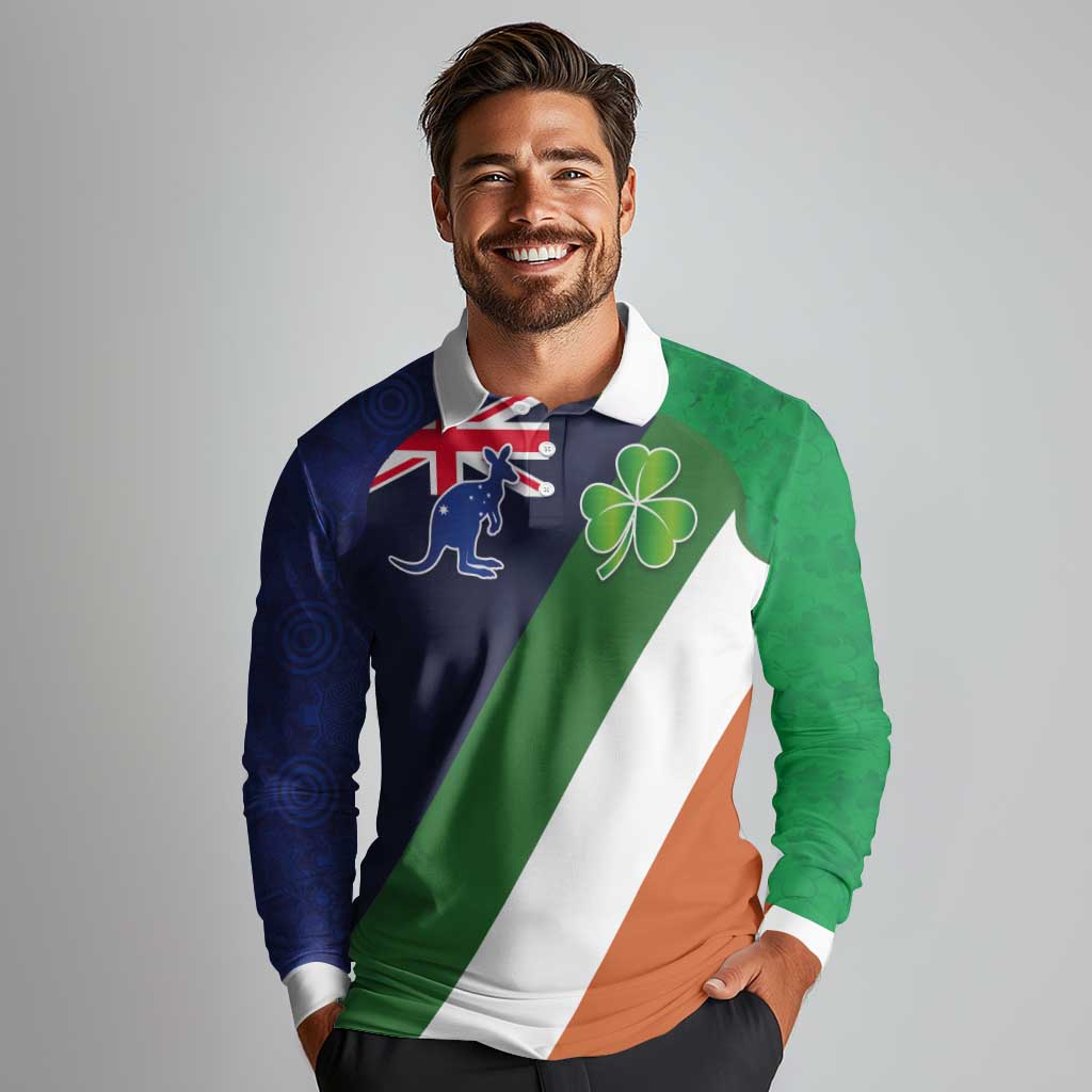 Custom Ireland and Australia Long Sleeve Polo Shirt Shamrocks and Aboriginal Art