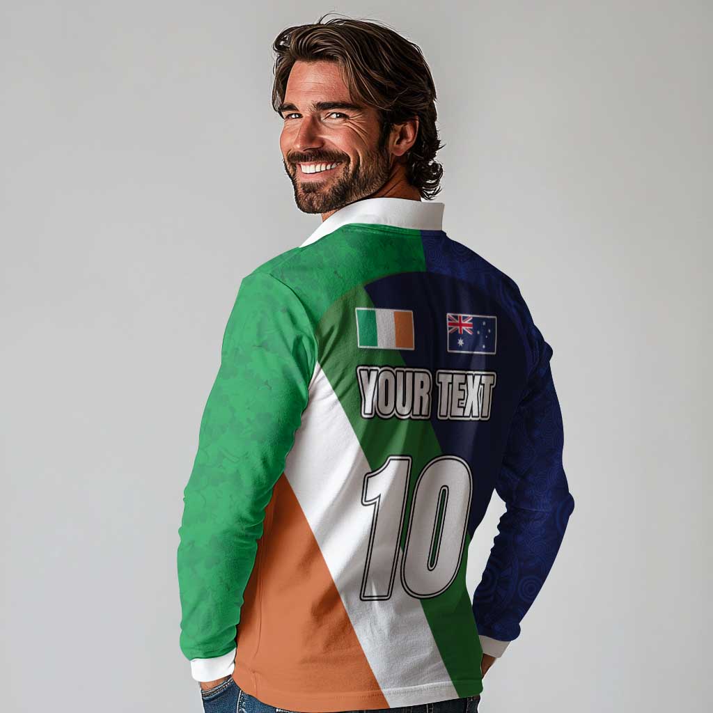 Custom Ireland and Australia Long Sleeve Polo Shirt Shamrocks and Aboriginal Art