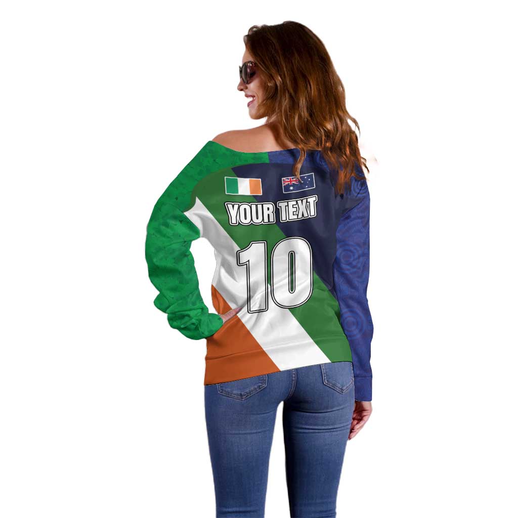Custom Ireland and Australia Off Shoulder Sweater Shamrocks and Aboriginal Art