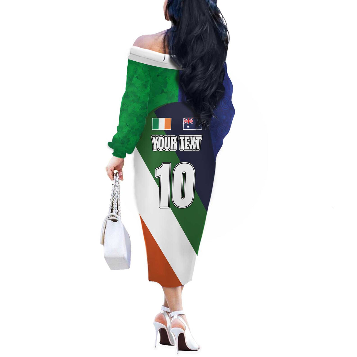 Custom Ireland and Australia Off The Shoulder Long Sleeve Dress Shamrocks and Aboriginal Art