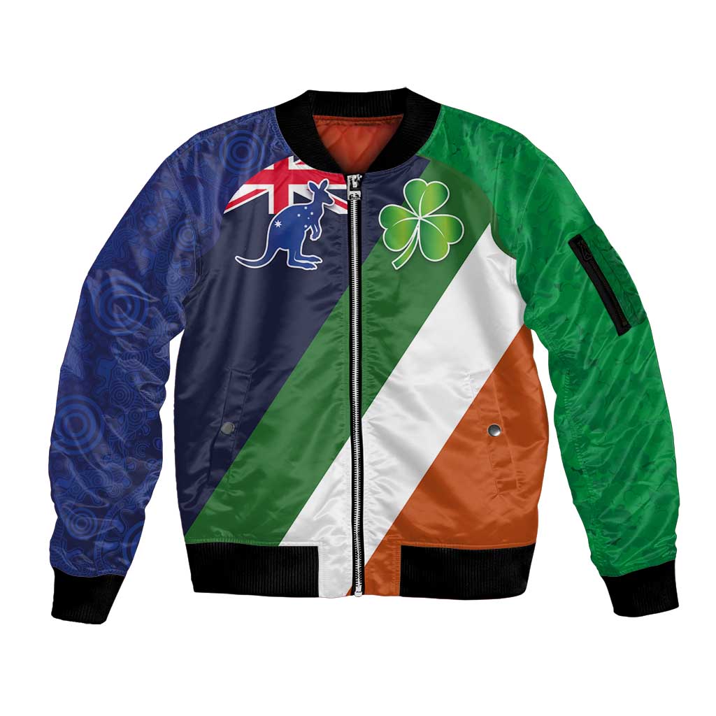 Custom Ireland and Australia Sleeve Zip Bomber Jacket Shamrocks and Aboriginal Art