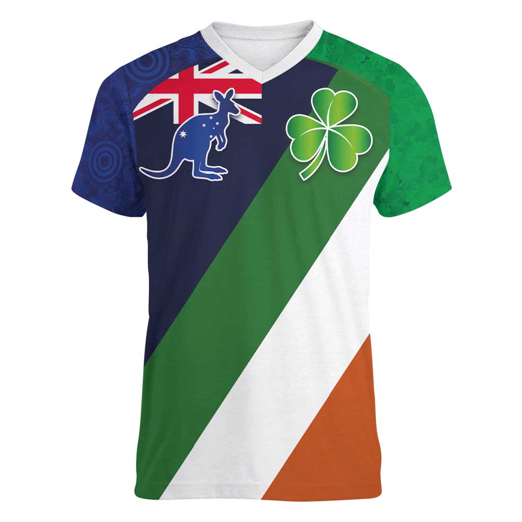 Custom Ireland and Australia Women V-Neck T-Shirt Shamrocks and Aboriginal Art