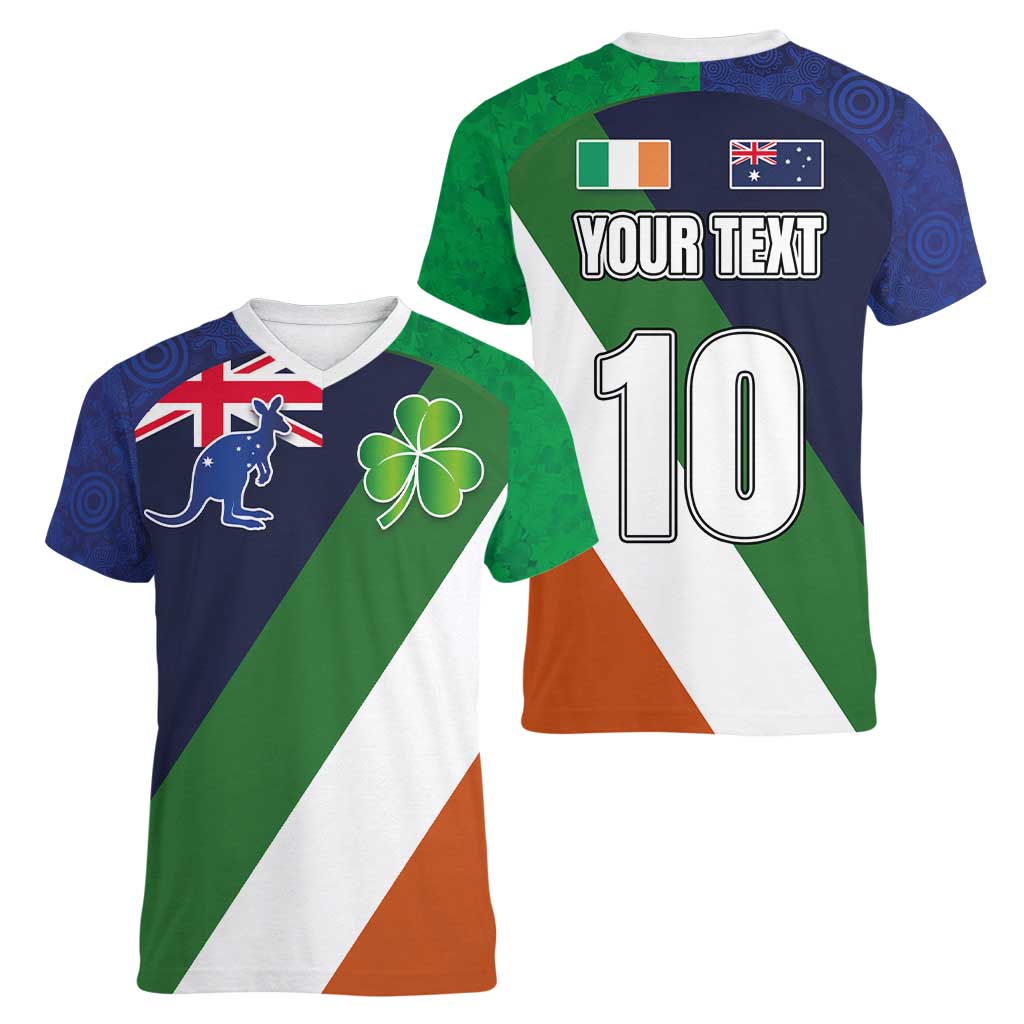 Custom Ireland and Australia Women V-Neck T-Shirt Shamrocks and Aboriginal Art