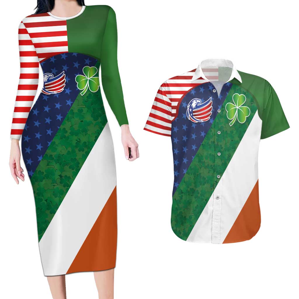Custom Ireland and United States Couples Matching Long Sleeve Bodycon Dress and Hawaiian Shirt Shamrocks and American Flag Style